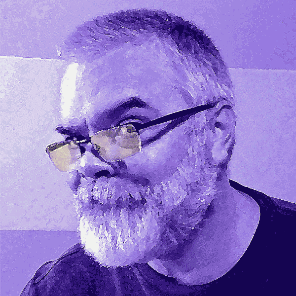 Purple-y, duotone, painterly effect filtered portrait of Kerry Jenkins